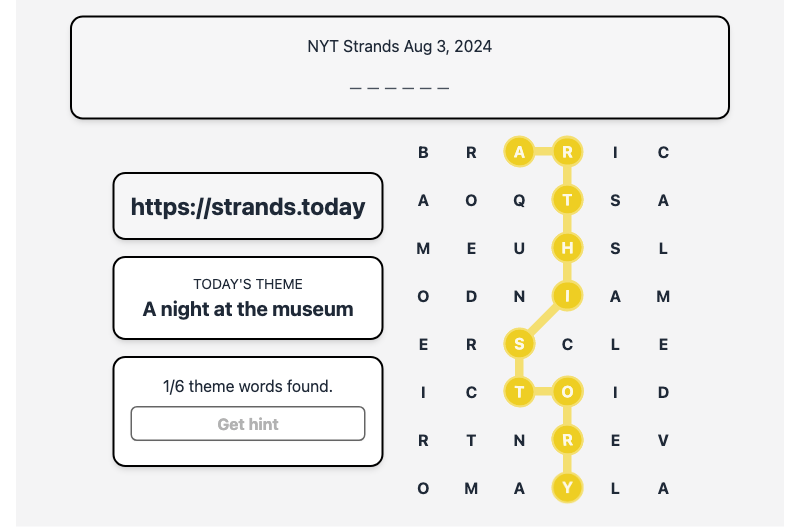 Hint for Today's Strands Spangram, A night at the museum, Aug 3