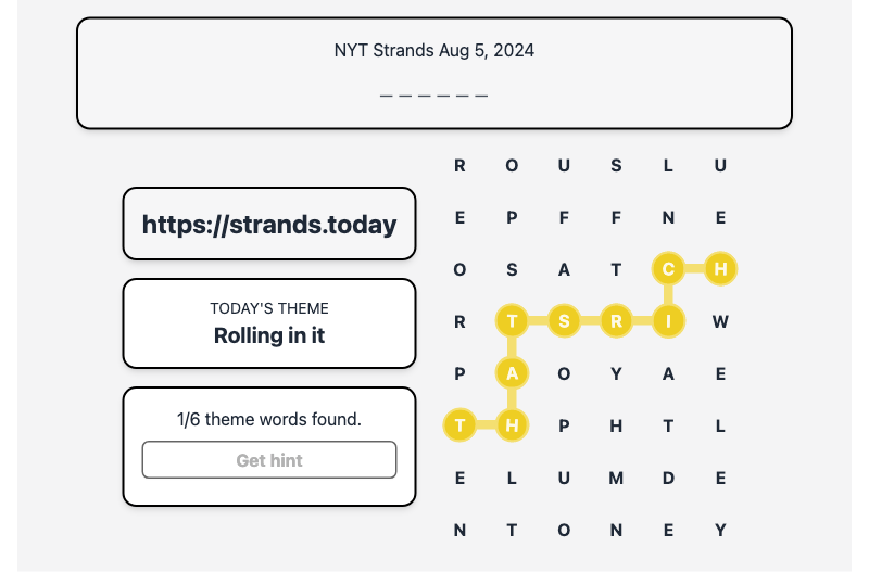 Hint for Today's Strands Spangram, Rolling in it, Aug 5