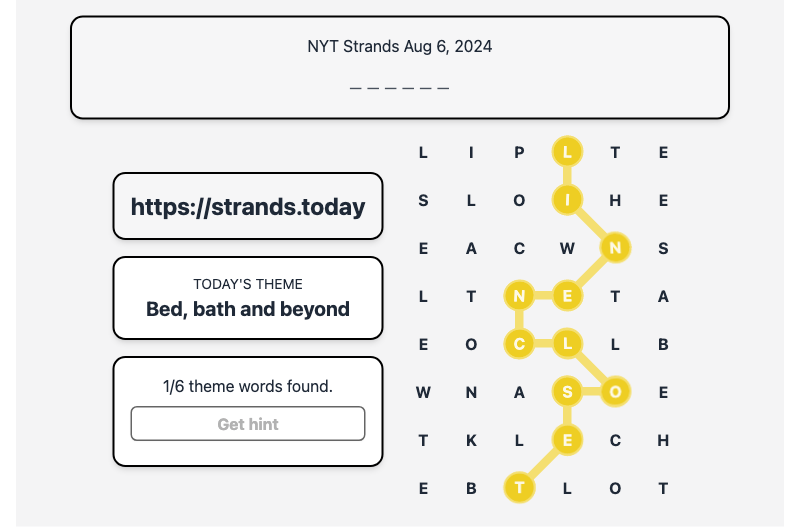 Hint for Today's Strands Spangram, Bed, bath and beyond, Aug 6