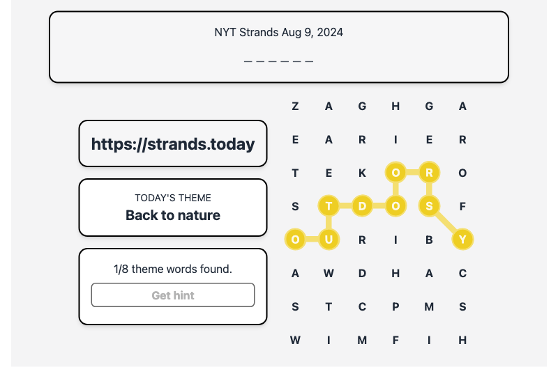 Hint for Today's Strands Spangram, Back to nature, Aug 9