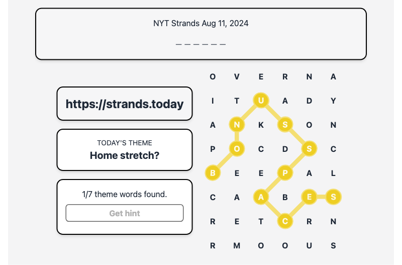 Hint for Today's Strands Spangram, Home stretch?, Aug 11