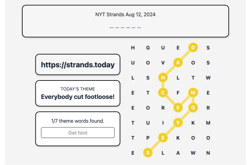 Hint for Today's Strands Spangram, Everybody cut footloose!, Aug 12