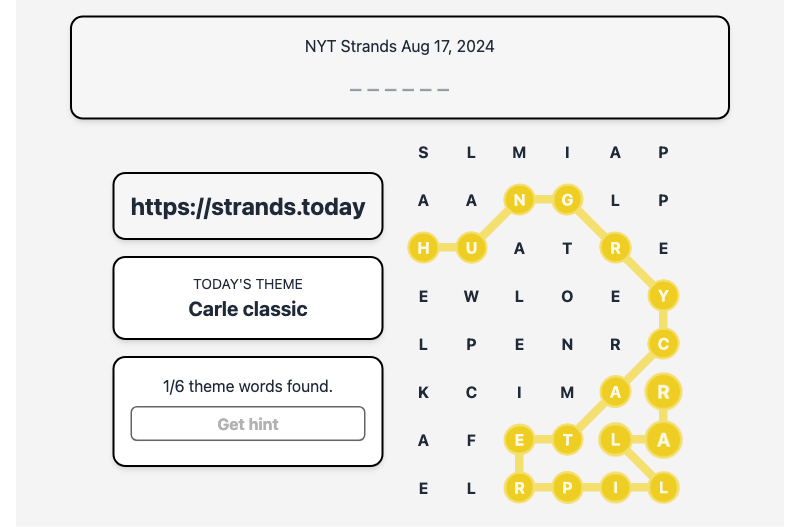 Hint for Today's Strands Spangram, Carle classic, Aug 17