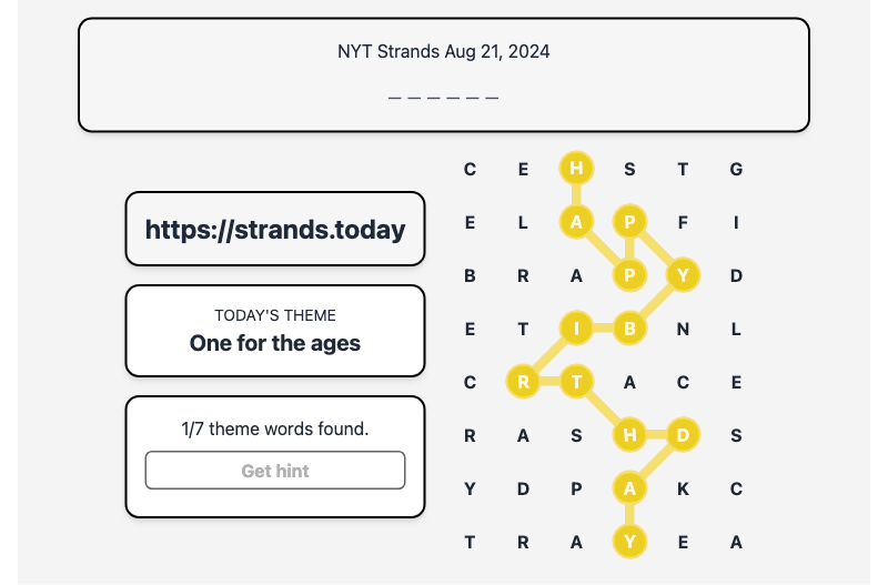 Hint for Today's Strands Spangram, One for the ages, Aug 21