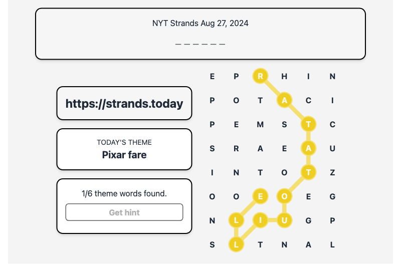 Hint for Today's Strands Spangram, Pixar fare, Aug 27