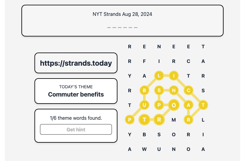 Hint for Today's Strands Spangram, Commuter benefits, Aug 28