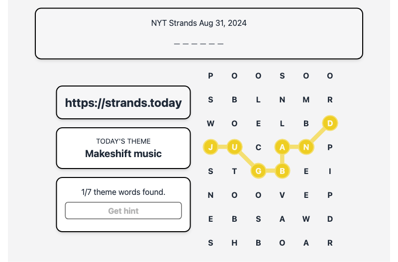 Hint for Today's Strands Spangram, Makeshift music, Aug 31