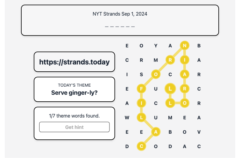 Hint for Today's Strands Spangram, Serve ginger-ly?, Sep 1