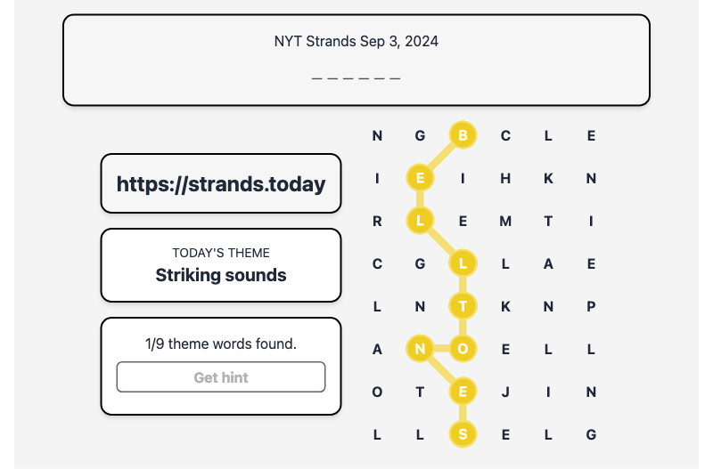 Hint for Today's Strands Spangram, Striking sounds, Sep 3