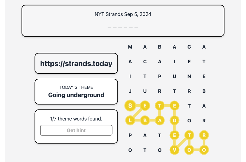 Hint for Today's Strands Spangram, Going underground, Sep 5