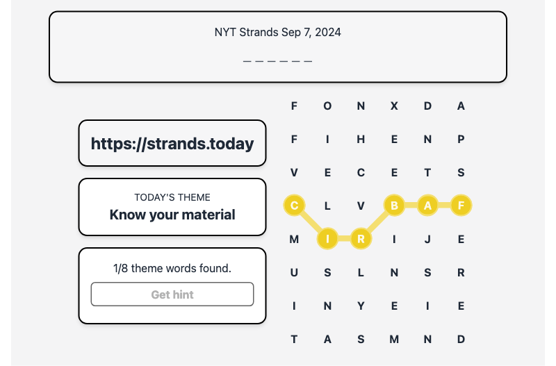 Hint for Today's Strands Spangram, Know your material, Sep 7