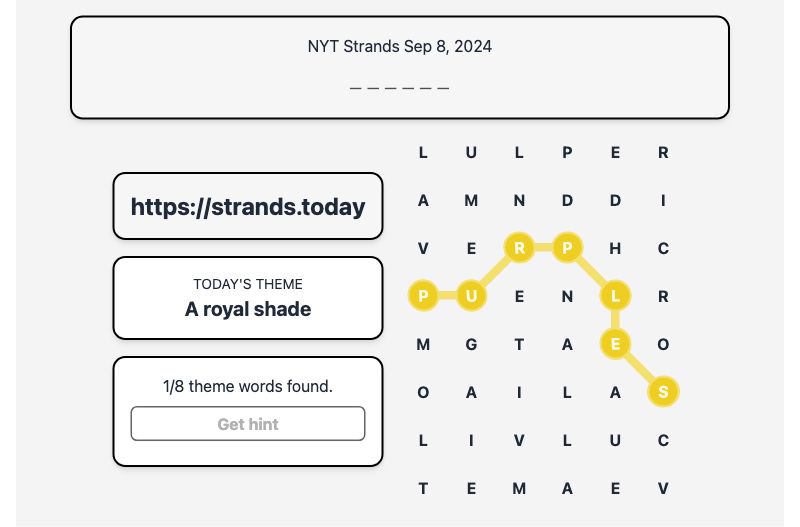 Hint for Today's Strands Spangram, A royal shade, Sep 8