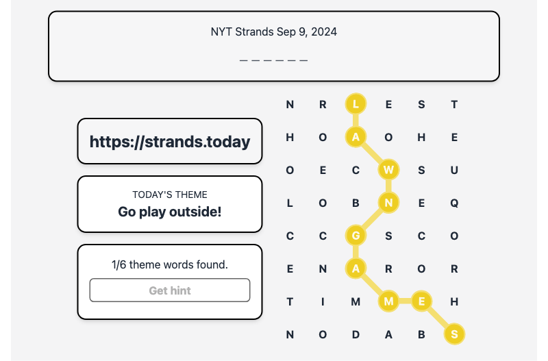 Hint for Today's Strands Spangram, Go play outside!, Sep 9