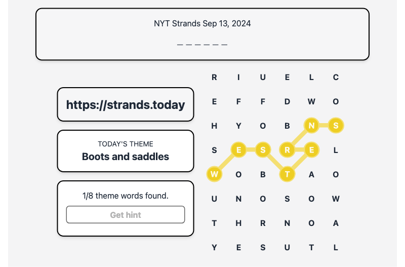 Hint for Today's Strands Spangram, Boots and saddles, Sep 13