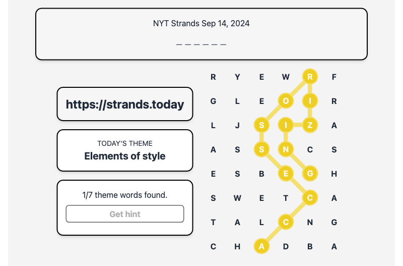 Hint for Today's Strands Spangram, Elements of style, Sep 14