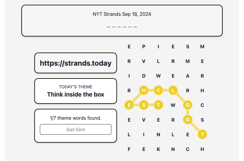 Hint for Today's Strands Spangram, Think inside the box, Sep 18