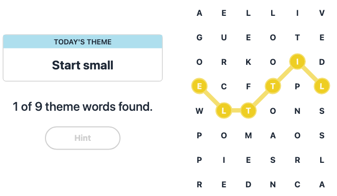 Hint for Today's Strands Spangram, Start small, Nov 24