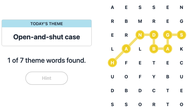 Hint for Today's Strands Spangram, Open-and-shut case, Nov 26