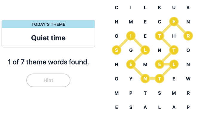 Hint for Today's Strands Spangram, Quiet time, Dec 2