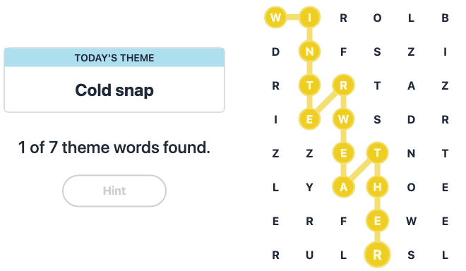 Hint for Today's Strands Spangram, Cold snap, Jan 5