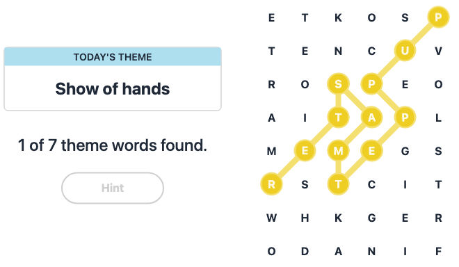 Hint for Today's Strands Spangram, Show of hands, Jan 29
