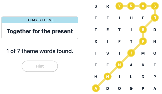 Hint for Today's Strands Spangram, Together for the present, Feb 20