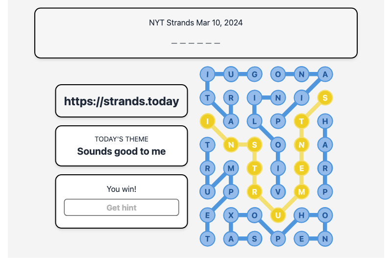 Today's NYT Strands Hint and Answer, Sounds good to me, Mar 10