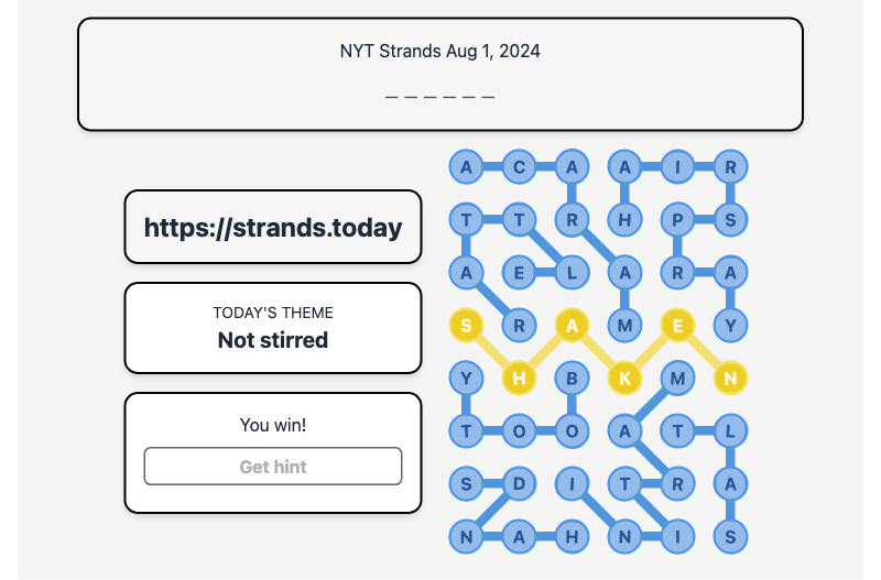 Today's NYT Strands Hint and Answer, Not stirred, Aug 1