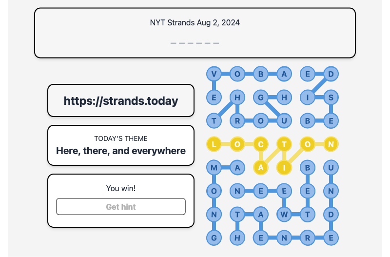 Today's NYT Strands Hint and Answer, Here, there, and everywhere, Aug 2