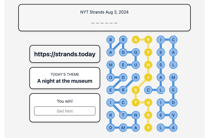 Today's NYT Strands Hint and Answer, A night at the museum, Aug 3