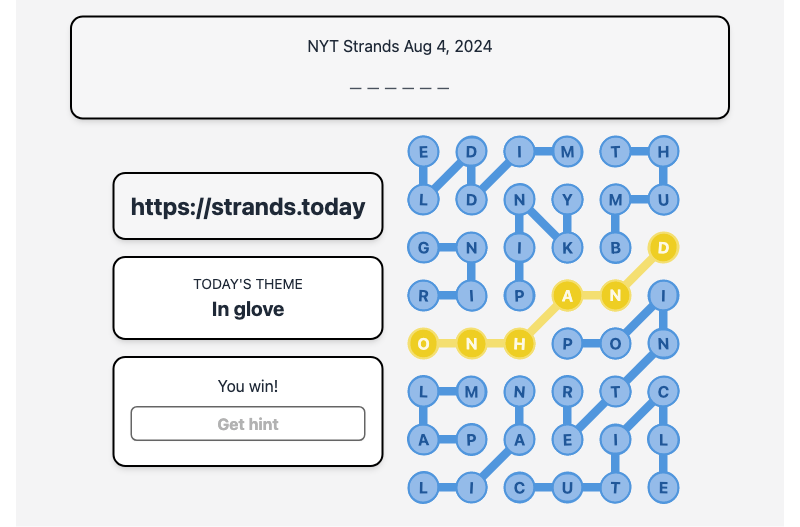 Today's NYT Strands Hint and Answer, In glove, Aug 4