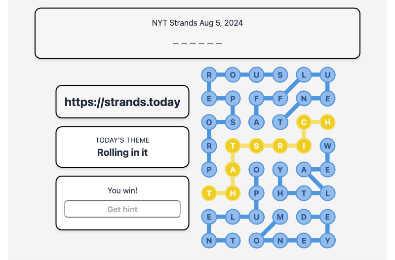 Today's NYT Strands Hint and Answer, Rolling in it, Aug 5