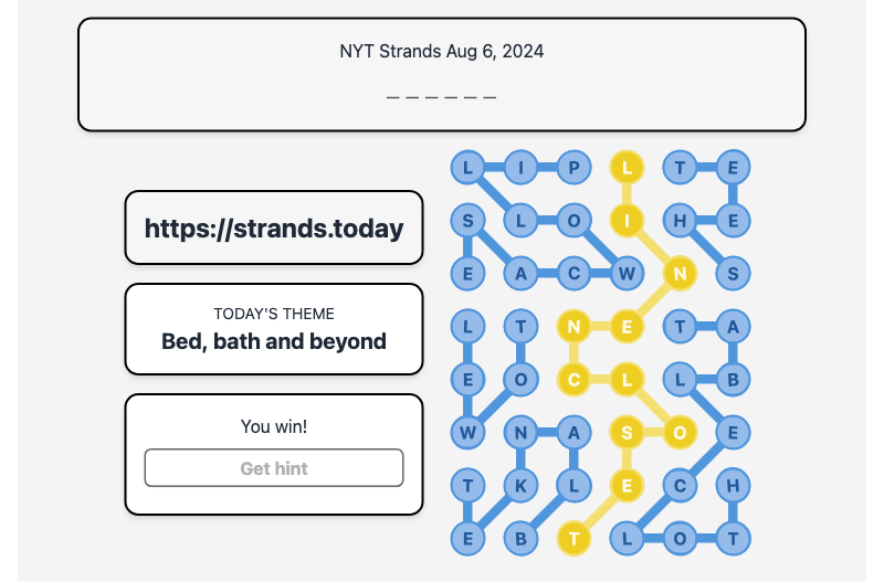 Today's NYT Strands Hint and Answer, Bed, bath and beyond, Aug 6