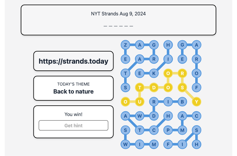 Today's NYT Strands Hint and Answer, Back to nature, Aug 9