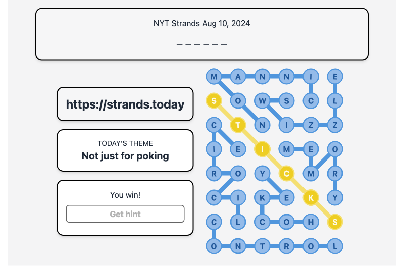 Today's NYT Strands Hint and Answer, Not just for poking, Aug 10