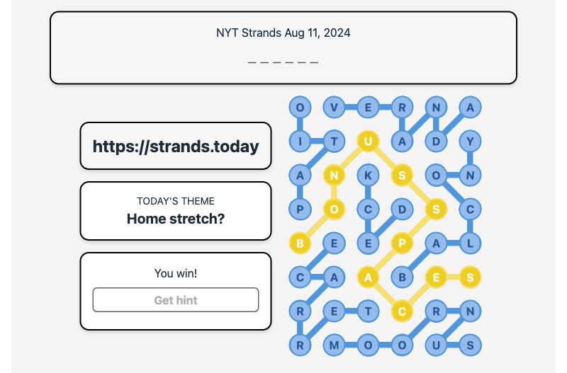 Today's NYT Strands Hint and Answer, Home stretch?, Aug 11