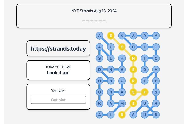 Today's NYT Strands Hint and Answer, Look it up!, Aug 13