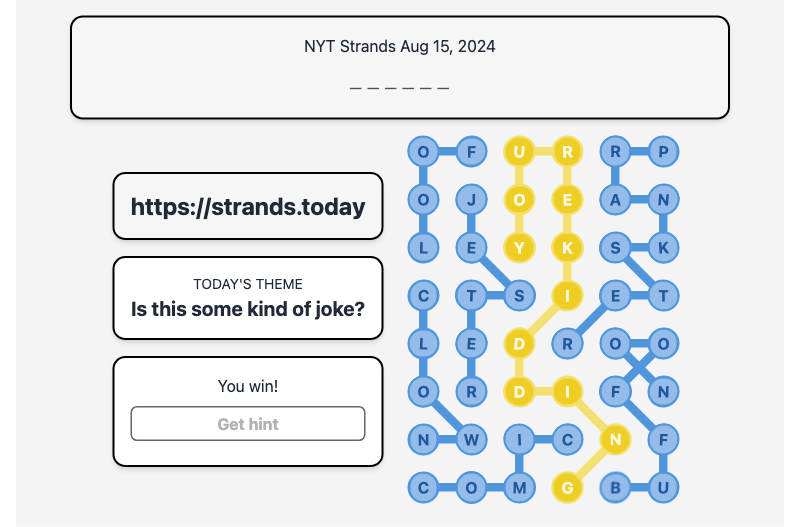 Today's NYT Strands Hint and Answer, Is this some kind of joke?, Aug 15