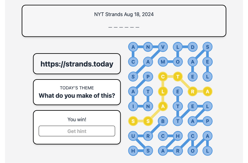 Today's NYT Strands Hint and Answer, What do you make of this?, Aug 18