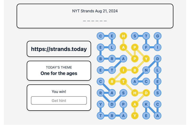 Today's NYT Strands Hint and Answer, One for the ages, Aug 21