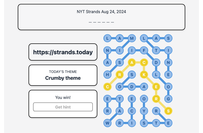 Today's NYT Strands Hint and Answer, Crumby theme, Aug 24