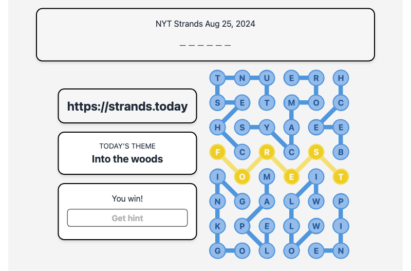 Today's NYT Strands Hint and Answer, Into the woods, Aug 25