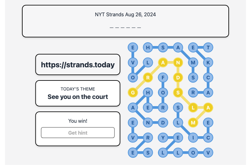 Today's NYT Strands Hint and Answer, See you on the court, Aug 26