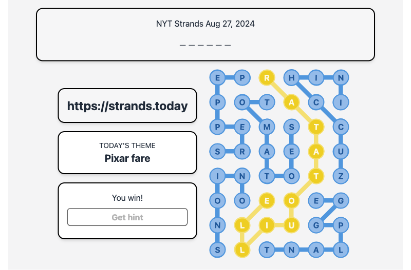 Today's NYT Strands Hint and Answer, Pixar fare, Aug 27