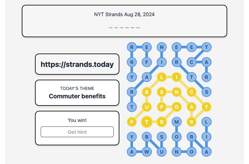 Today's NYT Strands Hint and Answer, Commuter benefits, Aug 28