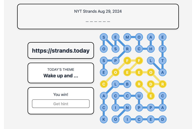 Today's NYT Strands Hint and Answer, Wake up and ..., Aug 29