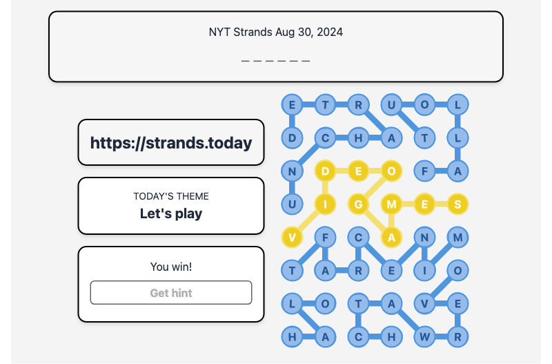 Today's NYT Strands Hint and Answer, Let's play, Aug 30