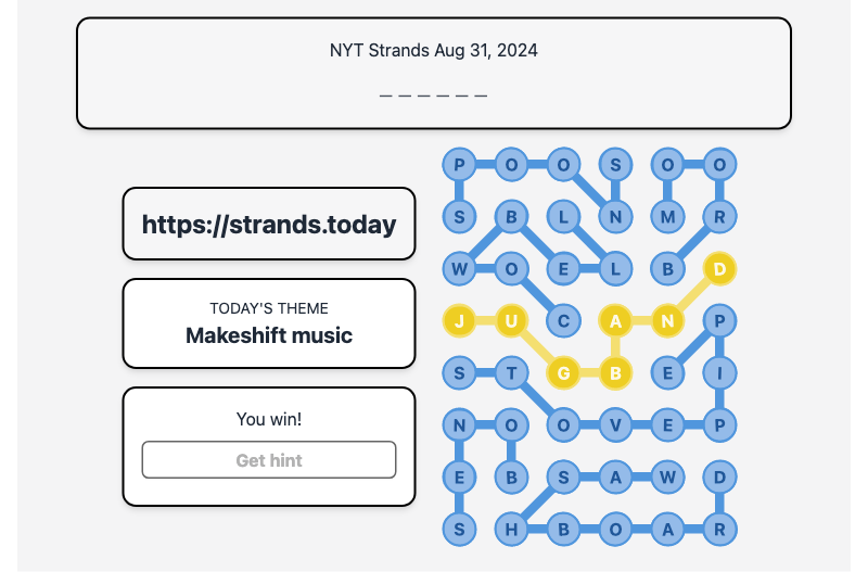 Today's NYT Strands Hint and Answer, Makeshift music, Aug 31