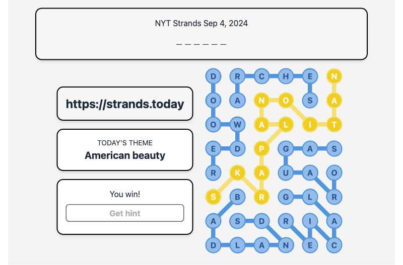 Today's NYT Strands Hint and Answer, American beauty, Sep 4