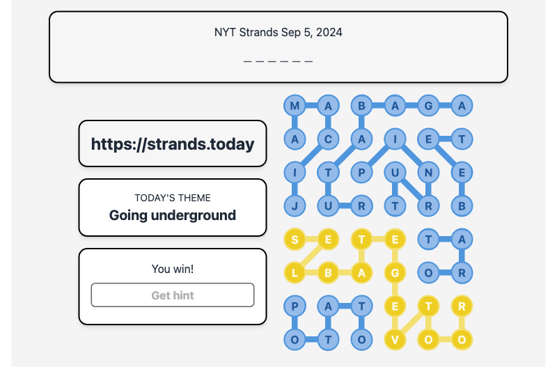 Today's NYT Strands Hint and Answer, Going underground, Sep 5